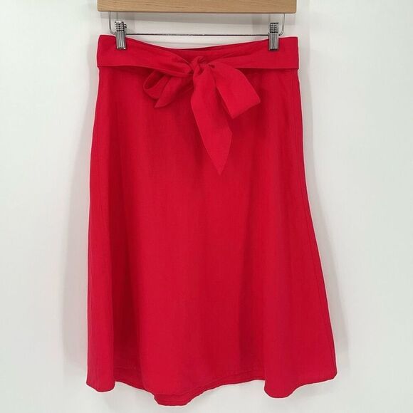 Loft Linen Blend Belted A-Line Midi Skirt Red Women Size 00 Side Zip Closure - Picture 1 of 5